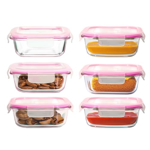 GARUET 6 recipientes pequeños de vidrio para almacenamiento de alimentos de 130 ml, hermético, a prueba de fugas, apto para microondas y lavavajillas, perfecto para aperitivos, salsas (N-rosa)
