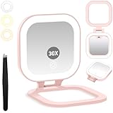 GOMIPURU Travel Mirror with Light, 1x/30x Magnifying Mirror with 3 Color Lights and Adjustable Brightness, 4.5x3.9 inch Small Compact Hangable Hand Pocket 3 Way Mirrors, Comes with Tweezer