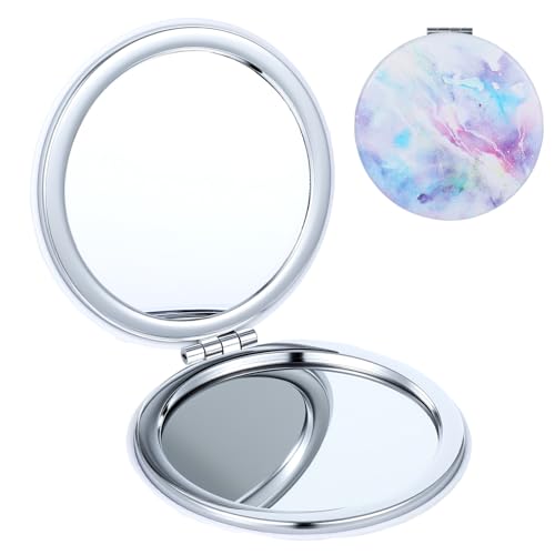 Dimeho Miroir de maquillage compact grossissant pliable avec peinture colorée, miroir cosmétique portable petit en plastique pour sac, double face, grossissement 2X, mignon petit miroir (Lila)
