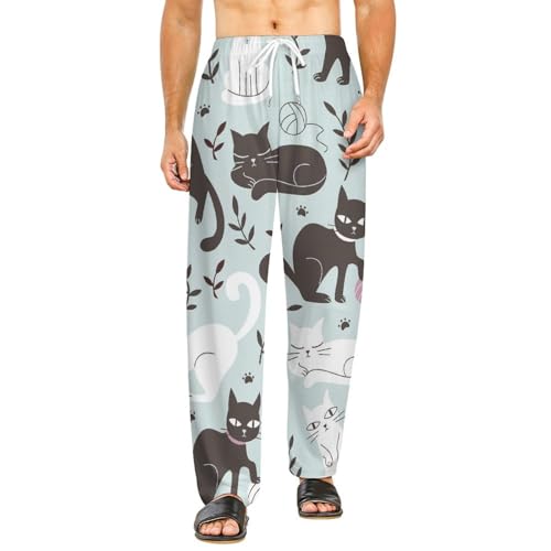 Bas de pyjama femme long chat noir avec poches latérales fonctionnelles