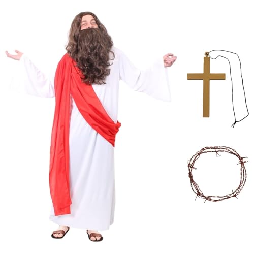 Jesus Christ Costume - Standard - White Robe with Red Sash with Wig and Beard, Gold Cross and Crown of Thorns - Mens Funny Fancy Dress Party Costume