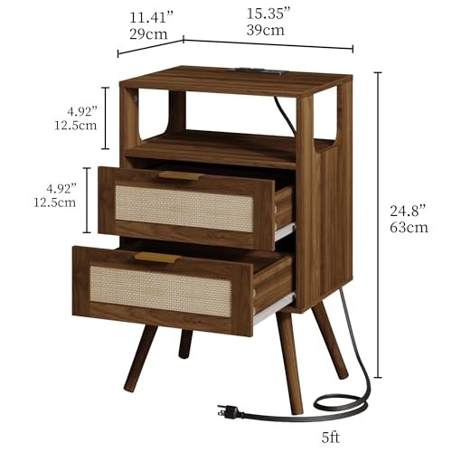 Image of JOONEE Rattan Nightstand with Charging Station,Farmhouse Bedside Table with 2 Storage Drawer and Open Wood Shelf, for Bedroom and Small Spaces,Night Stand with Solid Wood Legs (Walnut Brown-Outlet)