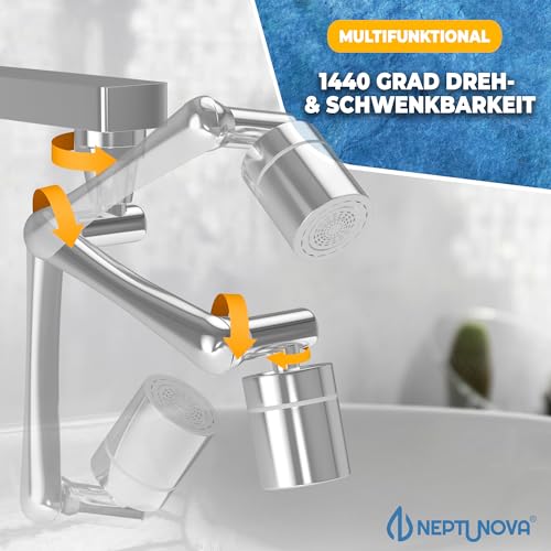 NEPTUNOVA® Wasserhahn Aufsatz 1440 Grad schwenkbar - Wasserhahn Verlängerung für Küche & Bad - universeller & Wasser sparender Perlator aus verchromten Messing - BPA Frei