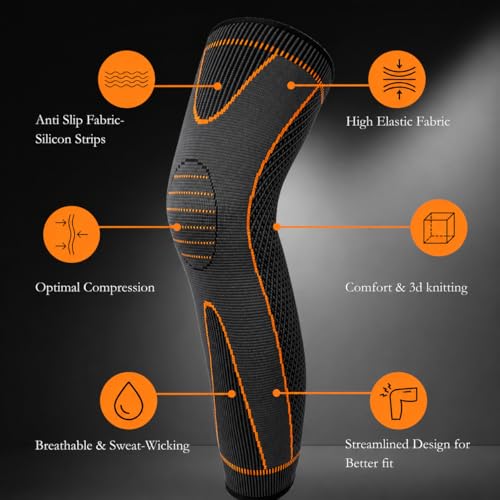 Image of 3D Fitness Compression Long Knee Brace and Nylon Anti Slip Calf Support Sleeve for men and women Knee Support Pain Relief Socks For Full Leg Knee Support (Pack of 2 Orange, L)