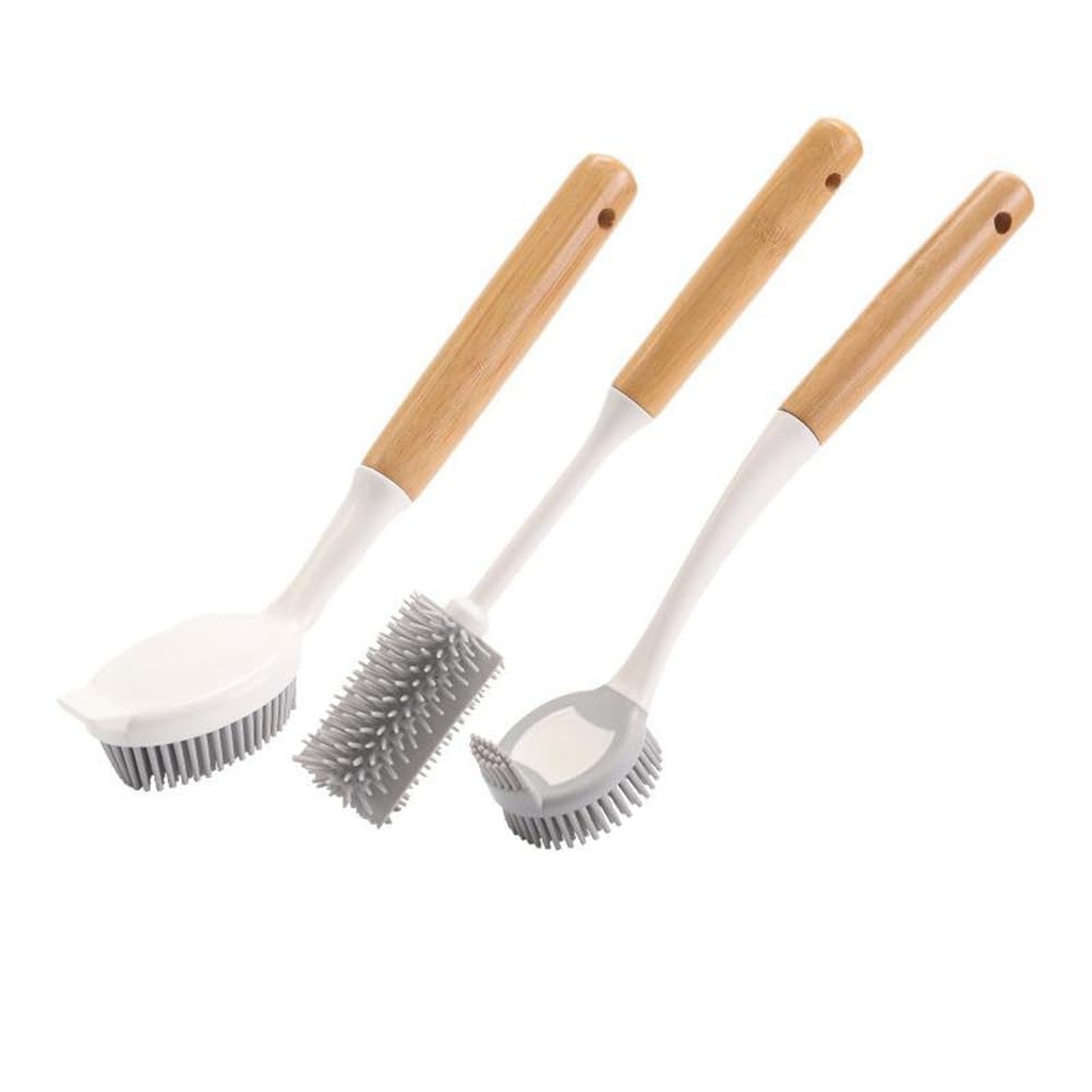 CTRLZS Dish Scrubber Pan Brush with Bamboo Handle, Dishwashing and Cleaning Double Head Pan Brush and Cup Brush