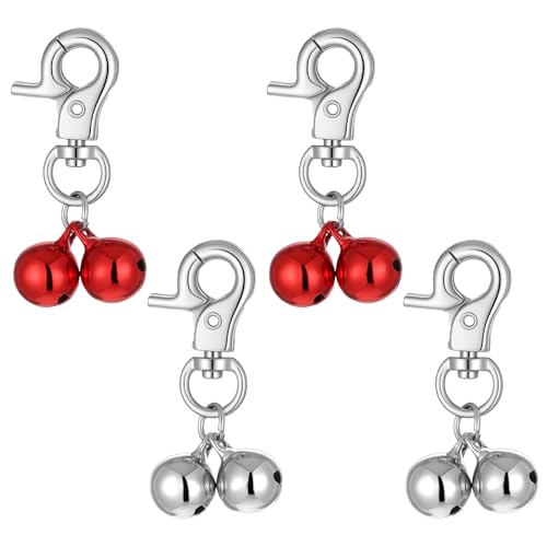 Trinkrittey 4 PCS Double Pet Bells for Cat Dog Collars, Mini Dog Collar Bells with Heavy Duty Snap Clips Silver and Red Pet Pendant Accessories for Training, Loud Charms