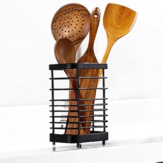 ANHORTS Utensil Holder Stainless Steel, Kitchen Caddy Cutlery Drainer Drying Rack, Countertop Organizer for Sink Silverware Dinner Forks, Knives and Spoons, Black