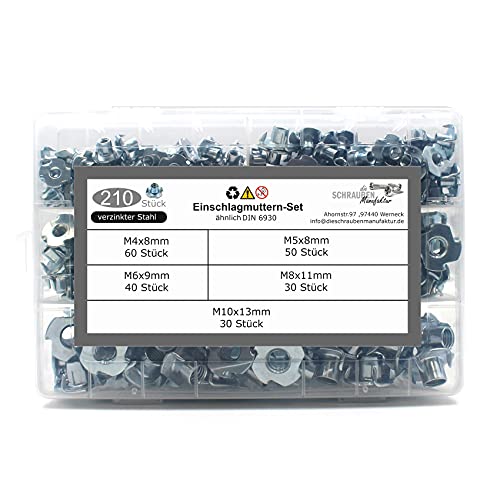 210 teiliges Set Einschlagmuttern mit 4 Einschlagspitzen ähnlich der DIN 6930 / verzinkter Stahl Größen M4 M5 M6 M8 M10