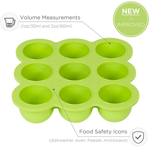Kiddo Feedo Baby Food Storage Container And Freezer Tray With Silicone Clip-On Lid - 9X2.5Oz Easy-Out Portions - Free E-Book By Award-Winning Author/Dietitian - Green #TOP2
