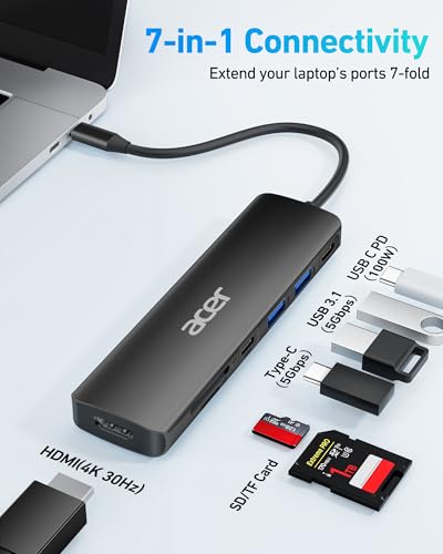 Image of Acer USB C Hub, 7 in 1 USB-C to HDMI Dock, 2 USBA 3.1 GEN1 and 5Gbps Type-C Data Port, 4K HDMI Port, PD 100W Charging, SD Card Reader, for iPad Pro MacBook Pro Laptops and More (Black)