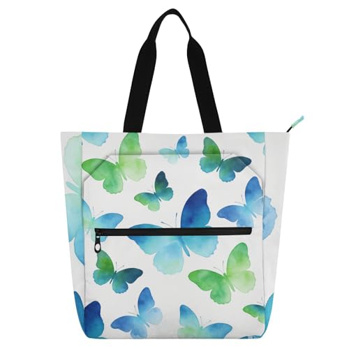 Bolsa de libros para escuela y trabajo con diseño de mariposa azul y verde de hombro