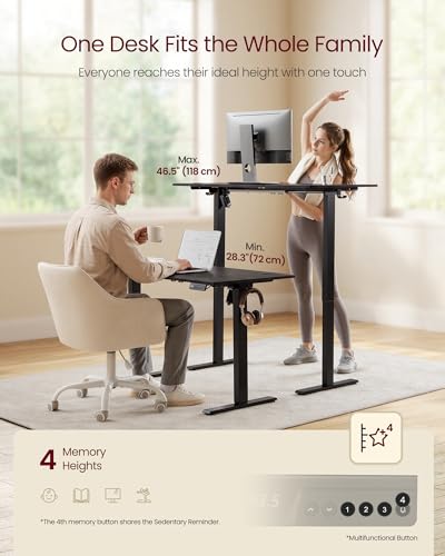 Image of VASAGLE Electric Standing Desk, 55.1 x 27.6 Inches Height Adjustable Desk, Sedentary Reminder, 4 Memory Heights, for Home Office, Ink Black ULSD315BZ020S