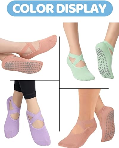 Image of AURUZA Pilates Grip Socks for Women Non Slip Skid Yoga Socks with Grips Straps for Ballet Dance Workout Gripper Sock