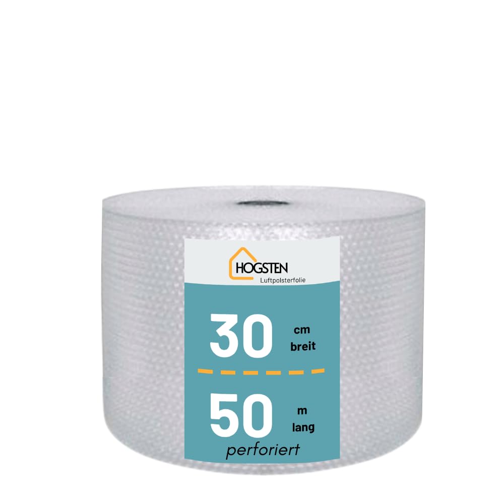 HOGSTEN Luftpolsterfolie Rolle 50m x 30cm Perforiert Noppenfolie für Versand, Verpackung und Umzug -100% recycelbar - Bubble Wrap Polstermaterial Verpackungsmaterial 50my (0,3m x 50m)