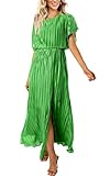 ECOWISH Summer Maxi Dress Women Cocktail Formal Wedding Guest Long Short Sleeve Pleated Dresses Empire Waist Crew Neck Slit Brilliant Green Medium