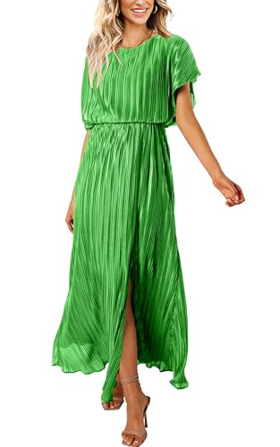 Image of ECOWISH Women Maxi Dresses Cocktail Party Wedding Guest Formal Pleated Long Dress Short Sleeve Slit Empire Waist Evening Gown