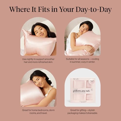Image of Kitsch Satin Pillowcase with Zipper for Hair & Skin - Softer Than Silk Pillow Cases, Smooth Cooling Satin Pillow Case, Wrinkle-Free, Machine Washable - Pillow Cases Standard Size 19x26 - Blush, 2pcs