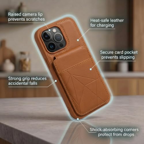 Image of amazon basics Premium Vegan Leather Back Cover with Card Holder and Integrated Mobile Stand for iPhone 16 Pro - Slim Shockproof Wallet Case with Geometric Stitching [Tan]