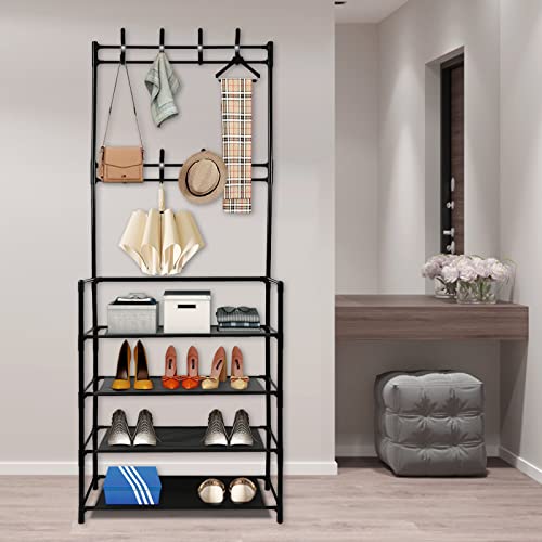 4-Tier Entryway Coat Rack Hallway Bench Storage Organizer, Coat And Shoe Rack Entryway Hall Tree, 3-In-1 Designed Of Metal Storage Rack With Bag，Coat，Hat，Entryway Bench With Coat Rack，Bedroom，(Black) #TOP5