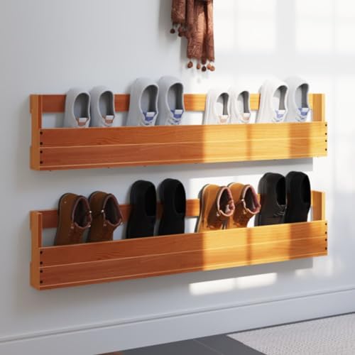 Ordellia Zapatero de pared de pino macizo, color marrón cera, 110 x 8,5 x 23,5 cm, juego de 2 unidades, ahorro de espacio, para pasillo, entrada, con sistema de organización y zapatero apilable