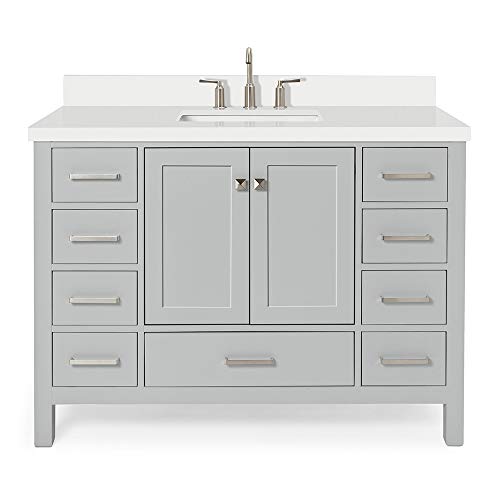 Ariel 49" Inch Grey Bathroom Vanity W/ 1.5" Edge Pure White Quartz Countertop & Backsplash | Single Rectangular Sink | 2 Soft Closing Doors & 9 Full Extension Dovetail Drawers | Satin Nickel Pulls #TOP18