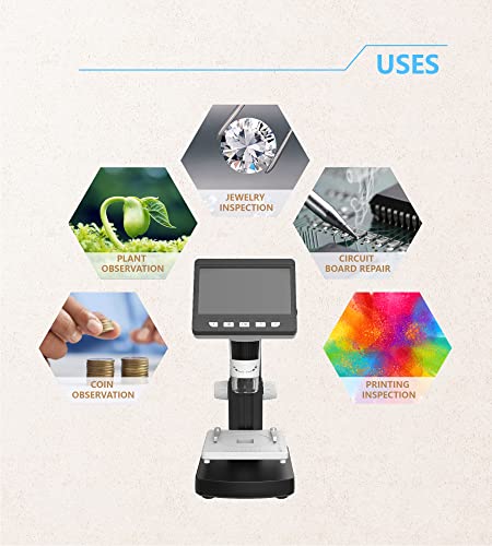 LCD Microscope 4.3\" IPS Screen, 1080P Digital Stand Microscope Inspetion Camera, 8 LED Lights, 50x-1000x Magnification, USB Electron Microscopes Compatible with Computer - Thumbnail 6