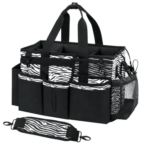 SCAVATA Wearable Cleaning Caddy, Cleaning Caddy Supplies Organizer with Handle & Shoulder Straps for Housekeepers, Under Sink & Car Cleaning Tool Organizers Bag with 4 Foldable Divider (ZebraStripe)