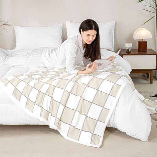Image of Erosebridal Plaid Fleece Blanket Queen 90 inchx90 inch Beige White Checkerboard Sherpa Blanket Geometric Checkered Fuzzy Plush Throw for Kids Boys Girls,Aesthetic Grids Decor for Bed Couch