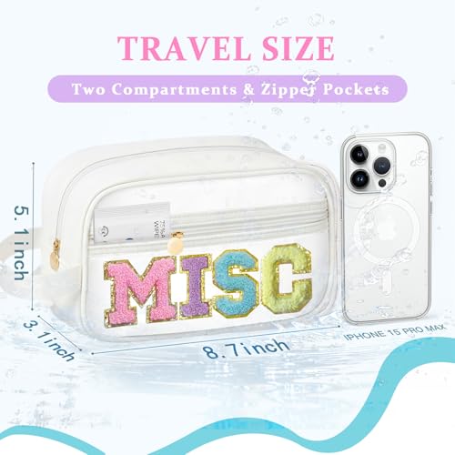 Image of COSHAYSOO Clear MISC Makeup Bag Miscellaneous Stuff Organizer, Small Preppy Chenille Letter Patch Cosmetic Zipper Pouch, Toiletry Make Up Travel Purse Gifts for Teen Girls Women Daughter Sister