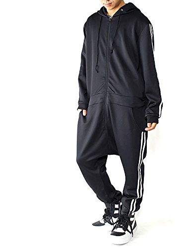 [スピードオレンジ] サルエルパンツ サイドラインジャージサルエル つなぎ ジャンプスーツ[ブラック×ホワイト/Lサイズ]