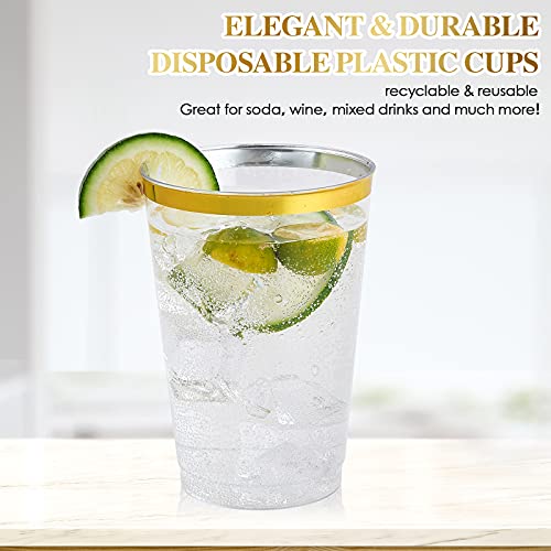 Focusline 200 Pack 12 Oz Gold Rimmed Plastic Cups, Clear Plastic Cups Tumblers, Heavy-Duty & Fancy Disposable Hard Plastic Cups With Gold Rim For Wedding Cups Elegant Party Cups #TOP2