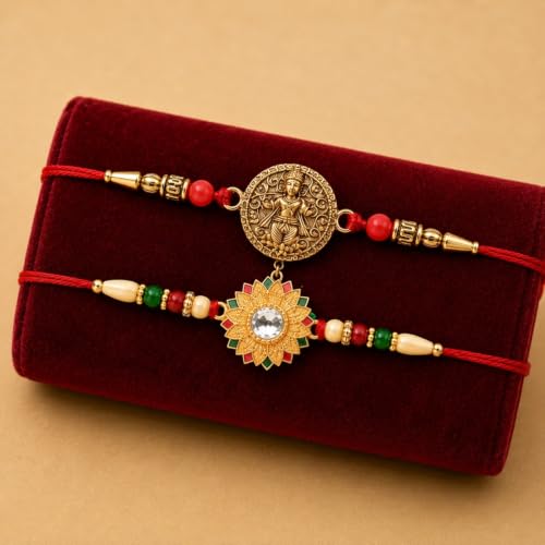 Image of DeoDap Rakhi with Chocolate for Brother - Mix Design Round Shape Rakhi 2 Pcs with Almond Chocolate 96 Gm, Tilak Set, Silver Color Coin, Greeting Card - Raksha Bandhan Combo for Bhai (K2+160+290 CA)