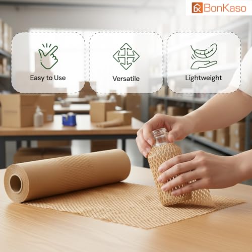 Image of BonKaso Honeycomb Paper Wrap Roll 50M x 15 Inch | 80 GSM Eco-Friendly Brown Packaging Roll | Cushioning & Shockproof Wrap for Fragile Items | Sustainable Packing Material for Shipping