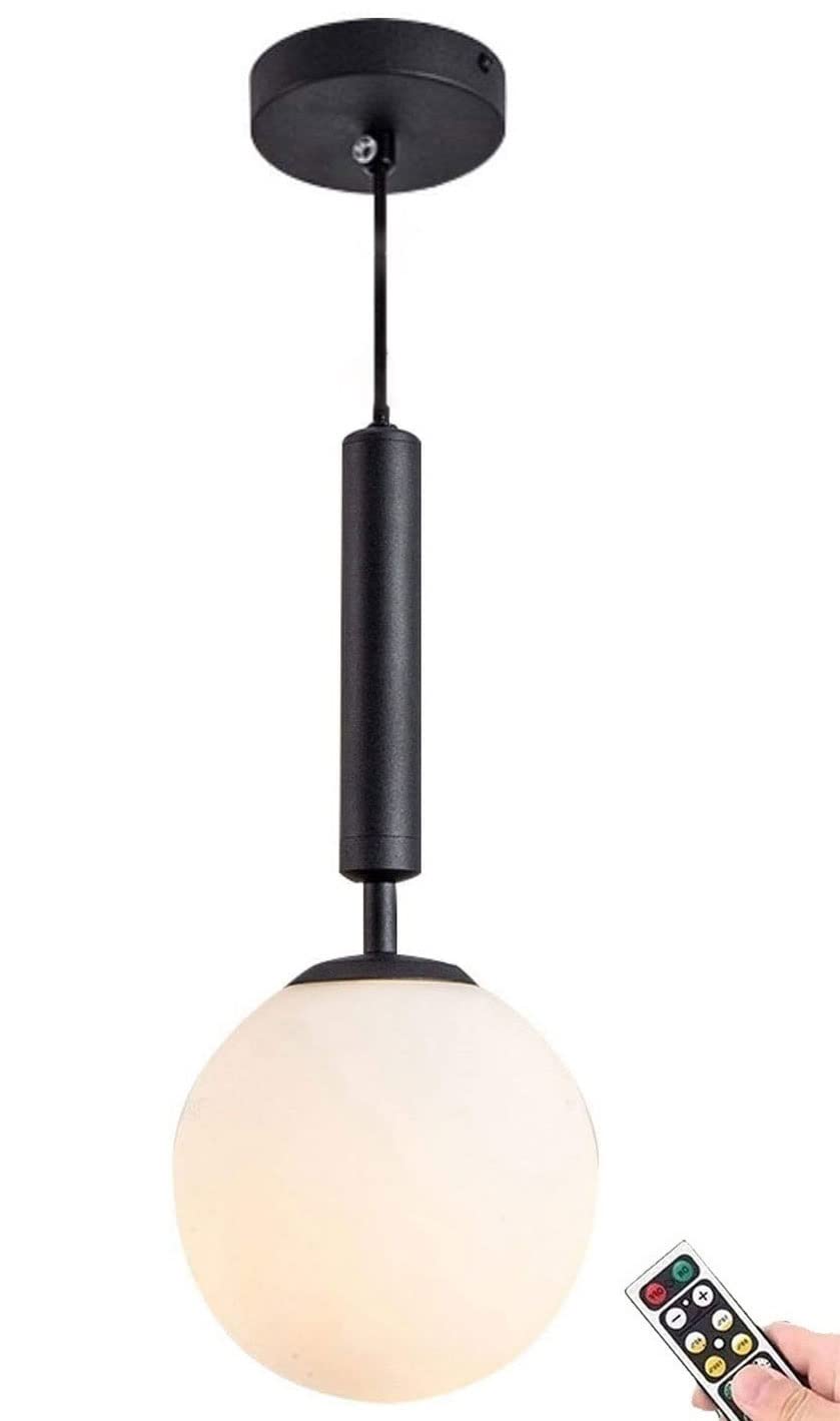 Wireless Battery Operated Pendant with Remote & Dimmable Bulb, Not Hardwired Battery Powered Ceiling Lamp, White Frosted Glass Globe Shade Adjustable Island Kitchen Dining Room Bedroom Light Fixture