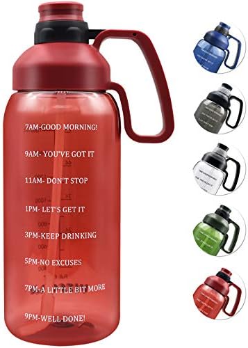 2 Liter Large Mouth Easy Clean BPA Free 64 OZ Water Bottle, Handle with 2 Caps Ensure Leakproof, Shatterproof Gym Sport Water Jug Motivational Time Marker Ounce Marking To Make Drink Water Fun