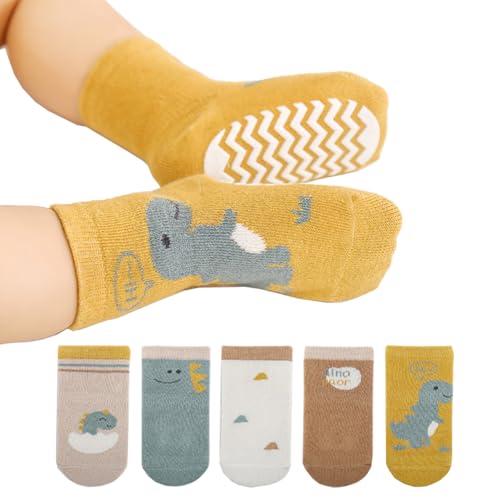 5 Pairs Toddler Grip Socks Cotton Non Slip Baby Socks Cute Cartoon Toddler Girls Boys Crew Socks
