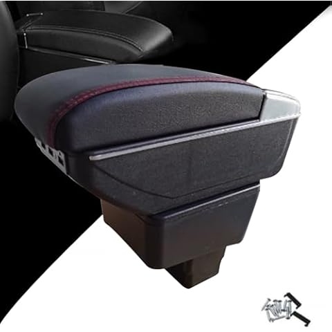 Armrest Box for Toyota Yaris iA Sedan 2017 2018 Double Layer Front Center Console Black Leather with Charging 7 USB Ports Red Stitching Cover