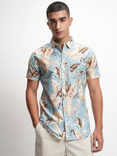 Image of Highlander Men's's Slim Fit Floral Printed Casual Shirt | Elegant Design with Short Sleeves & Button Closure a Refined Casual Look