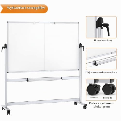 VIZ-PRO Dwustronna Tablica Mobilna, 180 x 120 cm, Magnetyczna Tablica Suchościeralna na Kółkach z Aluminiową Ramą i Stojakiem