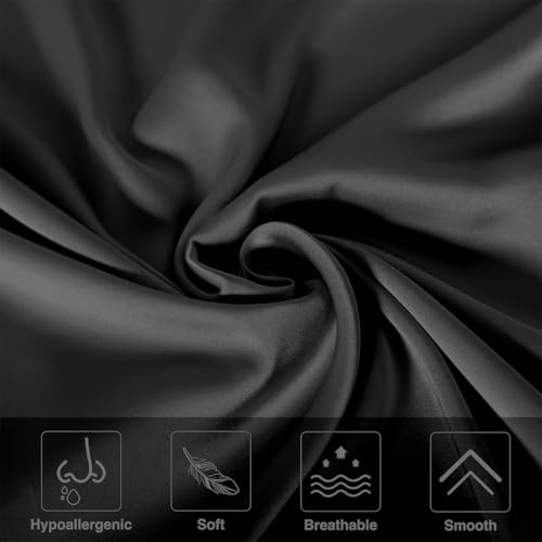 Mulberry Silk Pillow Cases Queen Size with Hidden Zipper, Ultra Smooth and Soft Breathable Cooling Silk Satin Pillowcase for Hair and Skin, Gifts for Women Men (Black, 20x30 Inches, 1 Pack) — view 2