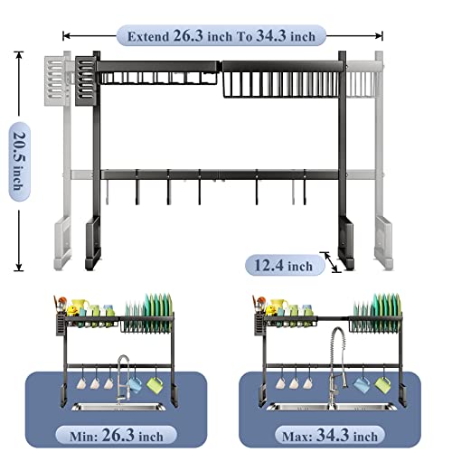 Sntd Over The Sink Dish Drying Rack, 2-Tier Kitchen Counter Dish Drainer Rack Adjustable (26.3 To 34.3 Inch), Expandable Dish Drying Rack With Metal Utility Hook, Black #TOP1