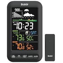 BALDR Wireless Indoor Outdoor Thermometer Weather Station with Remote Sensor, Vertical Color Display, Temperature Humidity Monitor, 12H Forecast, Atomic Clock, Adapter Powered, Black