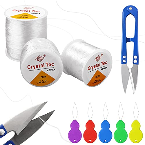 TKOnline Elastic String for Bracelets, 984 Feet Clear Stretchy String for Jewelry Making with Thread Clippers and 6 Pcs Threaders (0.6mm, 0.7mm, 0.8mm)