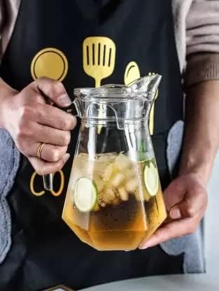 Image of NeWine Premium 1.3 Liter Glass Water Jug with Airtight Lid & Handle | 1300ML Transparent Beverage Carafe for Home Office Etc | Pitcher for Serve Juice Milk Beverage Chaas Cocktail (Hexagonal Jug 1.3L)