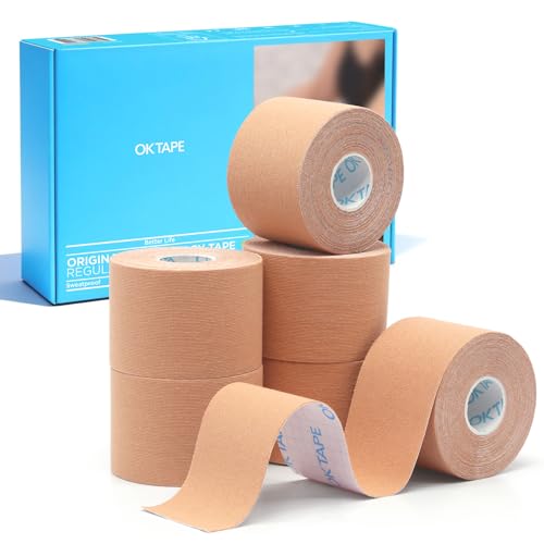 Image of OK TAPE Kinesiology Tape (6 Pack) Latex Free Cotton Uncut 2in x 16.4ft | Regular Original Elastic Water Resistant Therapeutic Athletic Tape for Support Muscle Joint Knee Injury Recovery Beige