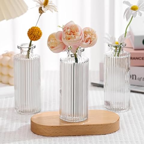 Henwarry 6 Pcs Small Clear Bud Ribbed Vases Set - Aesthetic Flower Vintage Vases for Centerpieces and Home Decor (A02-Vertical Stripe) Cover