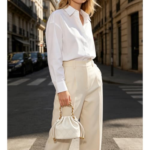 Image of DORIS&JACKY Small Top Handle Bucket Bag, Designer Lambskin Drawstring Crossbody Purse with Chunky Chain Tote Strap