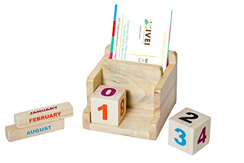 Image of IVEI Wooden Desk Calendar with Pen /Card Holder - Lifetime Calendar - Minimal Desk Calendar & Pen Holder - Mini Desk Organizer Wooden Perpetual Calendar set for Desk Decor, Study Room, Home & Office