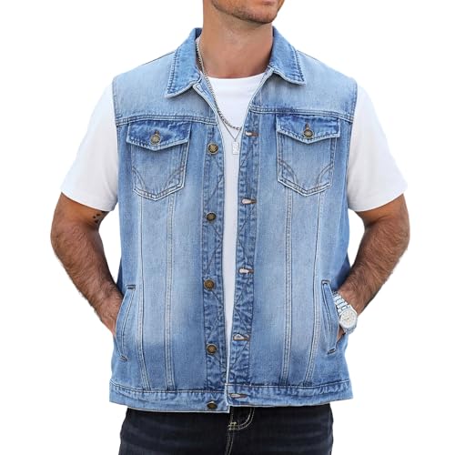 LBDLONGBIDA Mens Denim Vest Sleeveless Jean Jacket Light Blue L