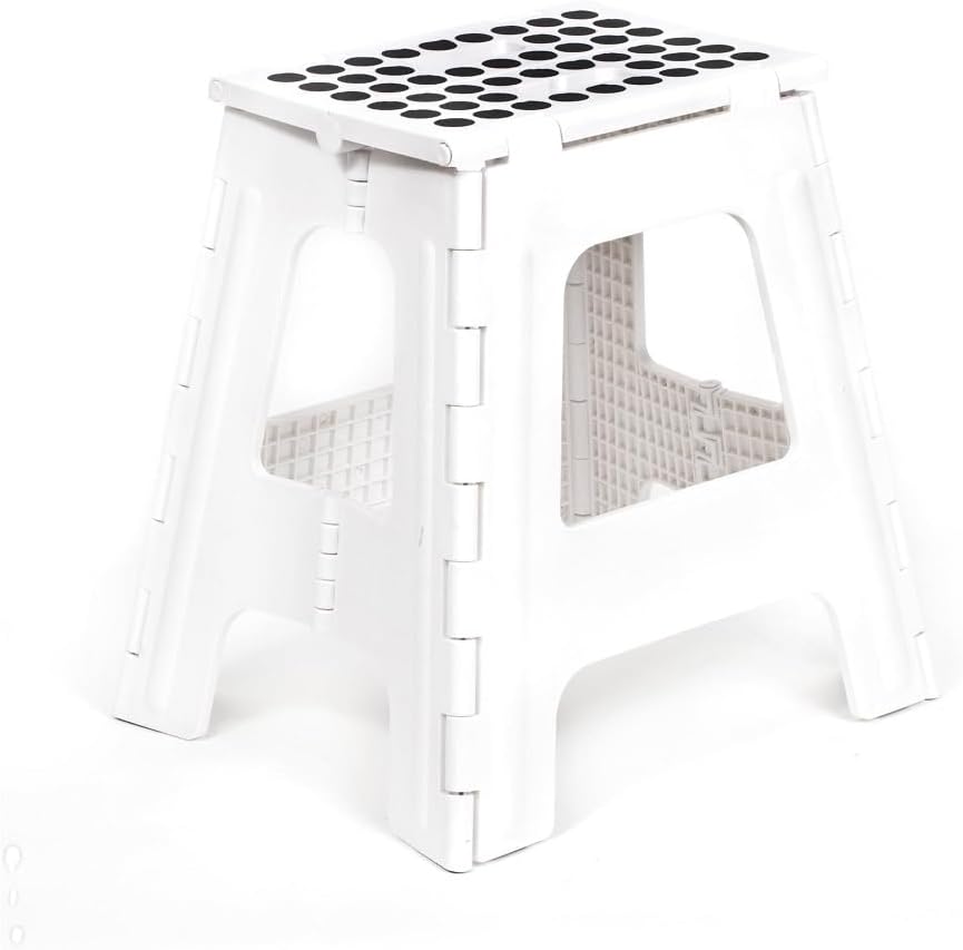 Kikkerland Rhino Foldable Step Stool – Holds Adults up to 300 Lbs, Best for Kitchen & Bathroom – Collapsible, Portable, Lightweight Stepping Stool with Sturdy, Non-Slip Design – White, 15”